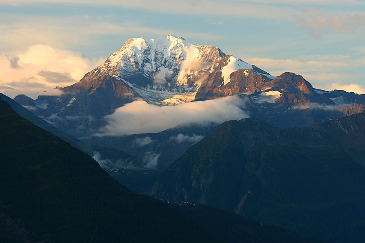 Cimeira na luz da manhã, Alpina, Valais, sol da manhã, Suíça, montanha, Cordilheira