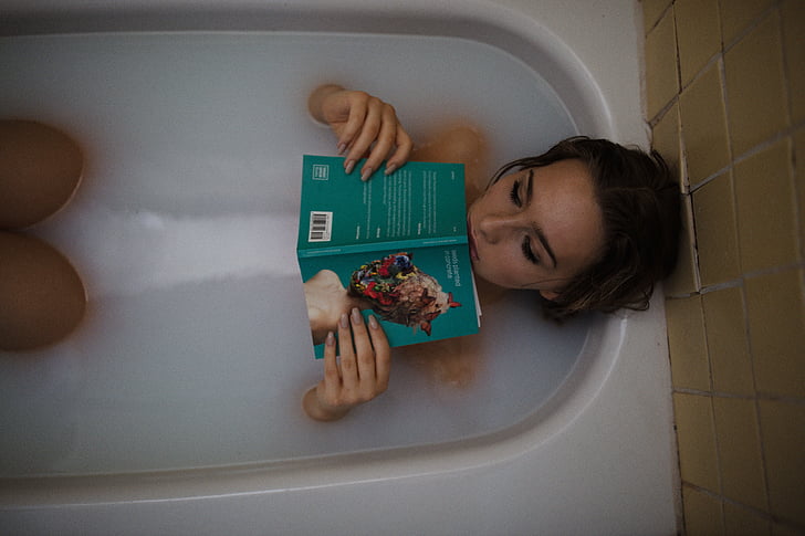 people, woman, girl, bath, tub, reading, book