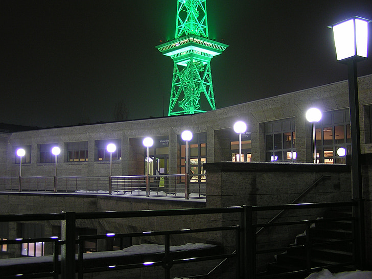 radiotårn, Berlin, belysning, nat, grøn, belyst, neon grøn