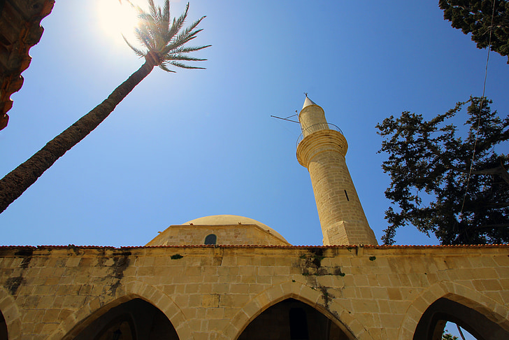 cyprus, palm, mosque, sun, sky, islam, minaret