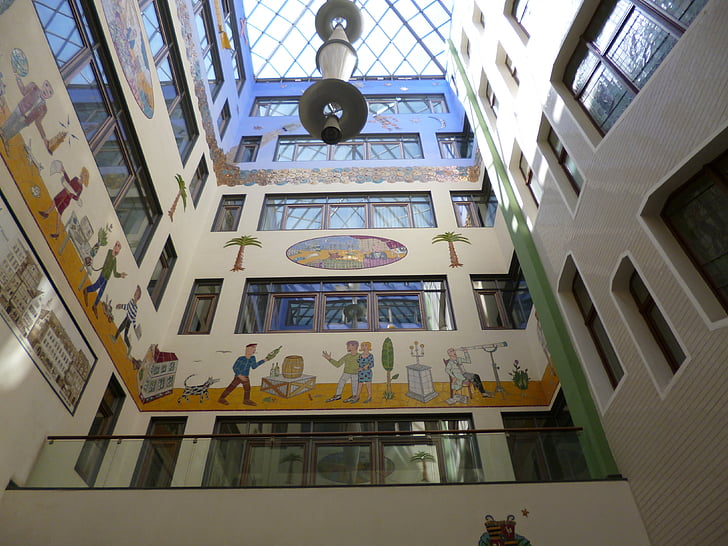 Leipzig, paso, mural, arquitectura, galería comercial, interior