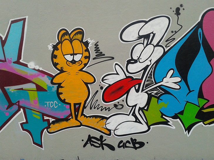 Graffiti, Kunst, Street-art, Cartoon-Figur, bemalte Wand, Wandbild
