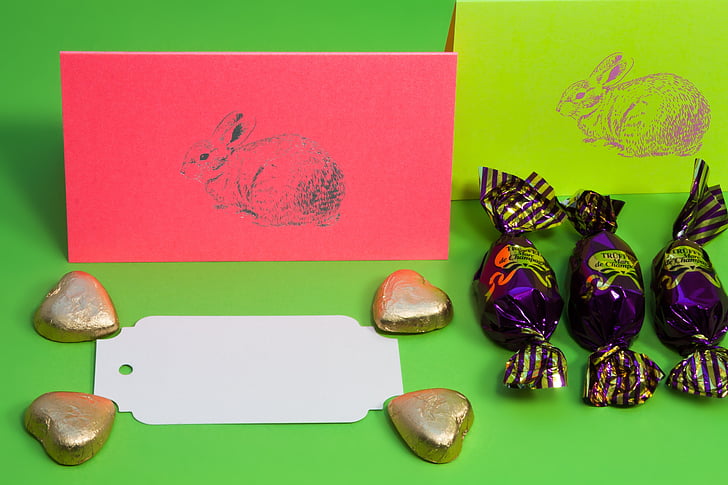 easter bunny, chocolate pralines, gold hearts, spring, frühlingsanfang, spring awakening, easter