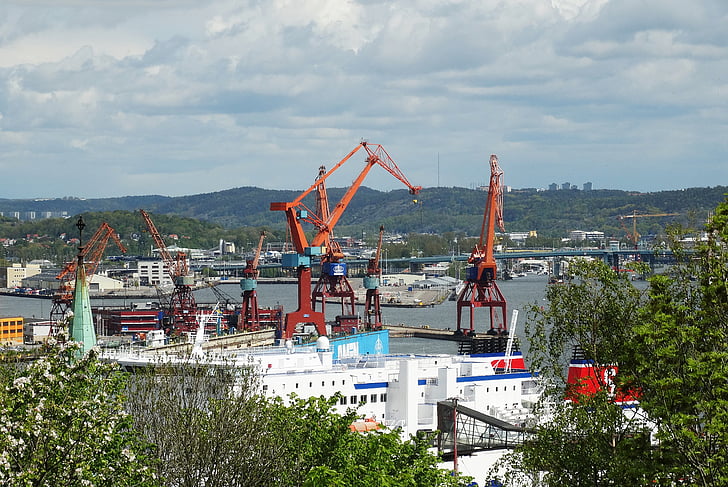 Göteborg, Port, daruk, gota folyó, daru - építőipari gép, nap, építészet
