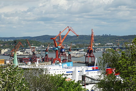 Göteborgu, Port, Žeriavy, Gota river, žeriav - stavebné stroje, deň, Architektúra