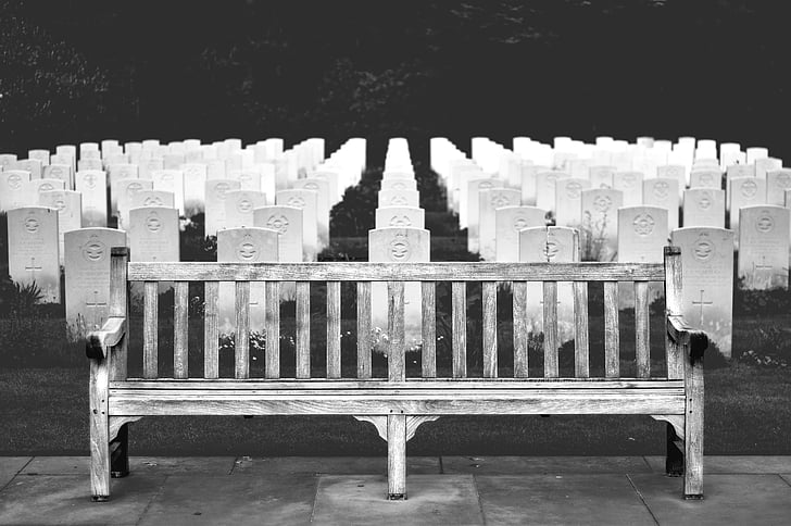 bench, black-and-white, cemetery, chair, eerie, grave stones, graveyard