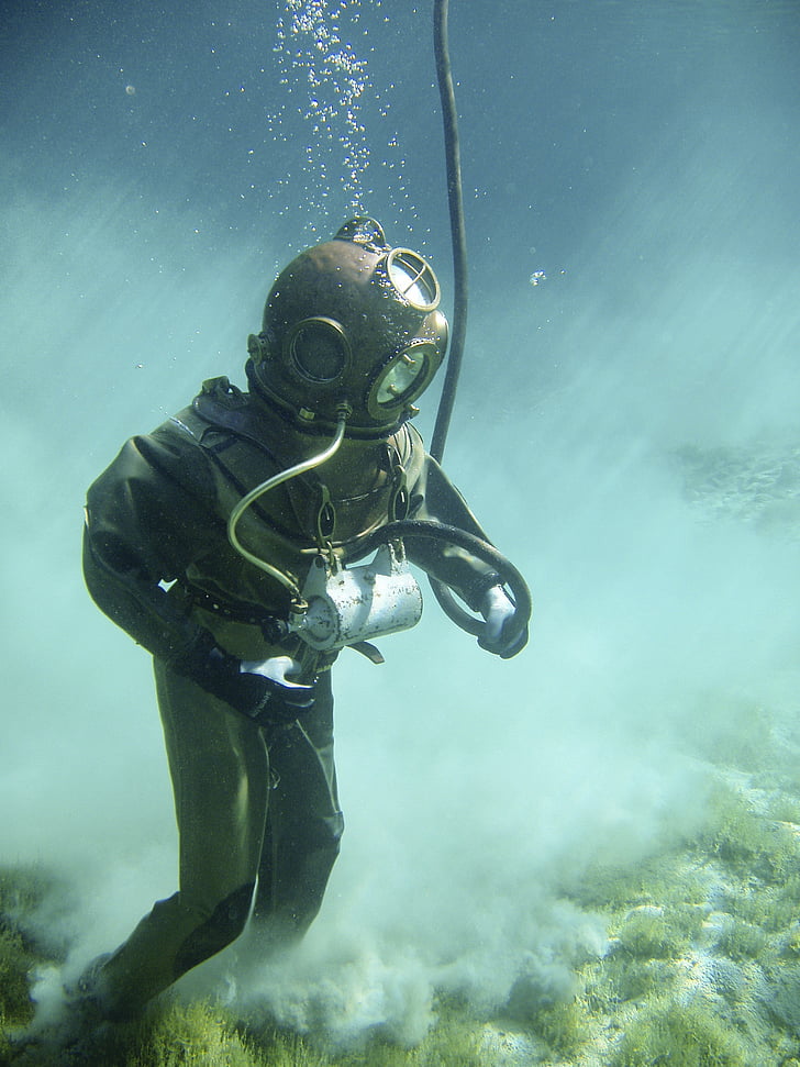 underwater, divers, helmet diver, historically, diving suit, diving, vintage