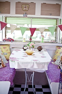 mobile home, caravan, rv, kitchen, dining table, automobile camper, vintage