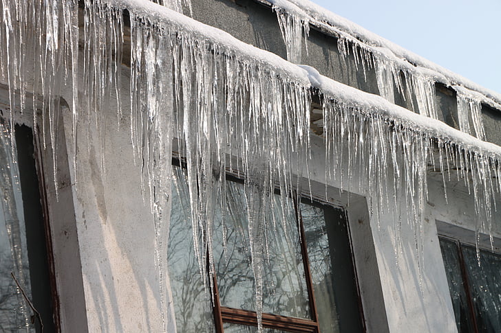 cold, hanging, home, house, icicles, roof, winter