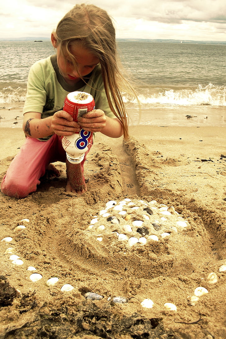 beach, sand castle, shells, child, playing, fun, play