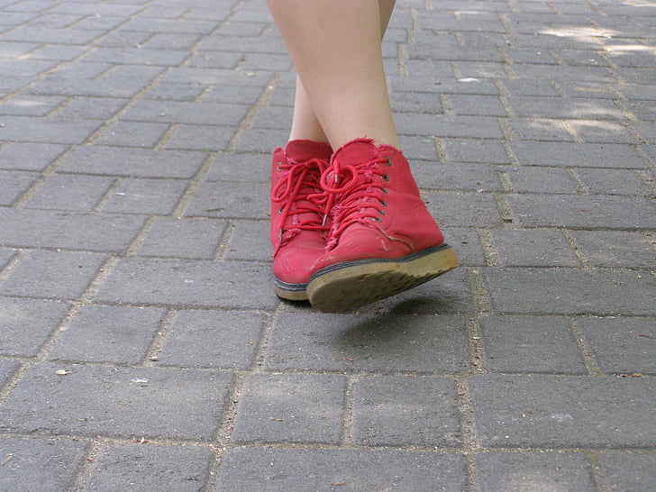 разходка, червен, улица, обувки