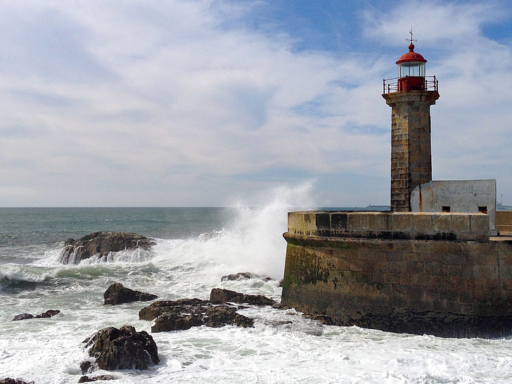 Porto, Puerto, ola, mar, Faro, viento