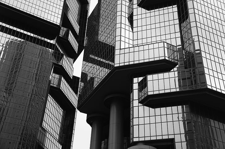 arsitektur, pencakar langit, perkotaan, bangunan, hitam dan putih, Hong kong, keuangan