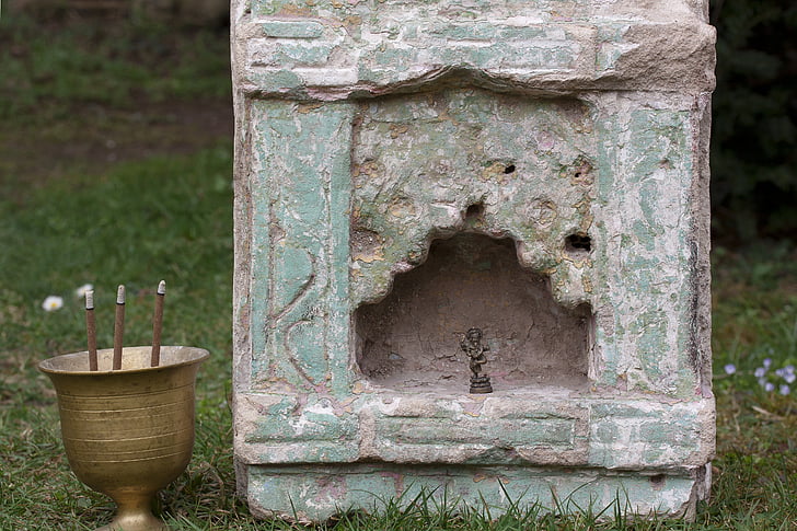 altar, temple stone, niche, india, cup, brass, censer
