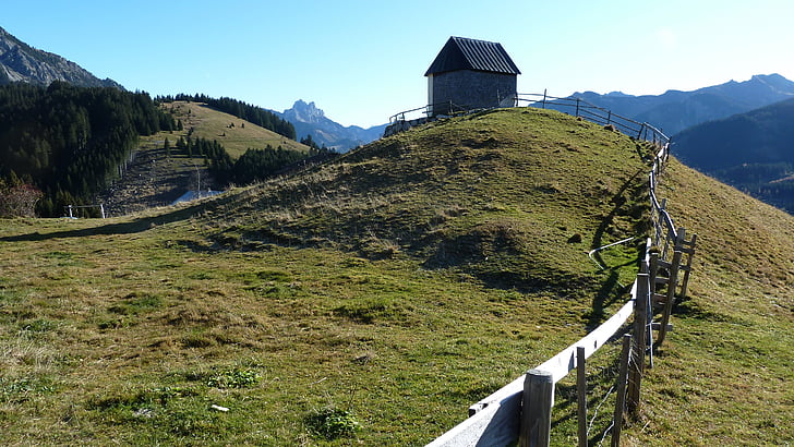 Tannheimertal, Tirol, Zöblen, roteflueh, Gimpel, gerendaház, kerítés