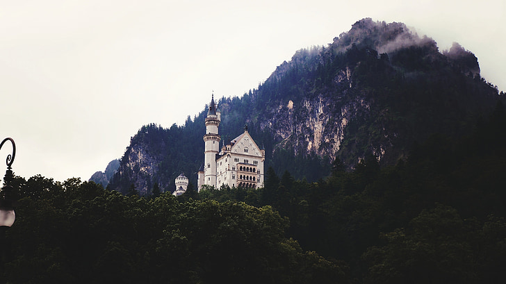 neuschwanstein, castle, germany, architecture, mountains, trees