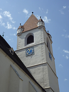 baznīca, tornis, zila, debesis, torņa pulksteņa