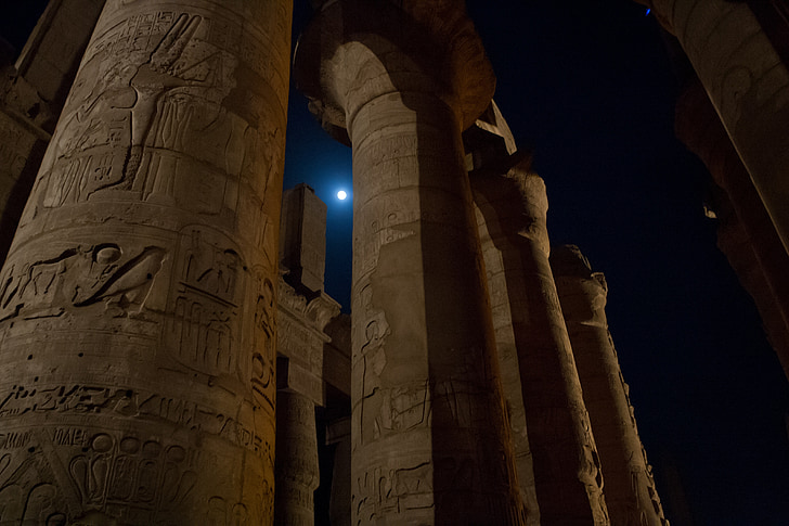 kolonner, Egypt, Karnak, nighttime, månen, Luxor, gamle