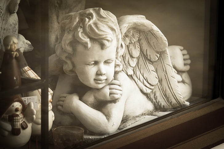 angel, figure, sculpture, window, angel face, angel wings, wing