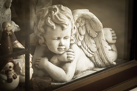 Anioł, Rysunek, Rzeźba, okno, twarz anioła, anielskie skrzydła, skrzydło