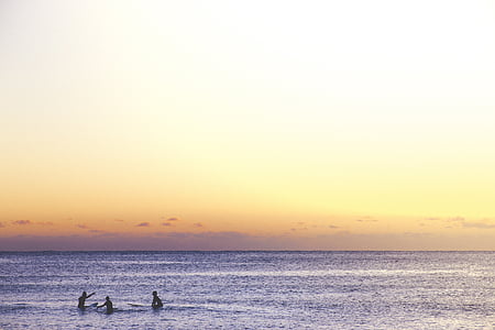 three, persons, swimming, sunset, dusk, sky, ocean