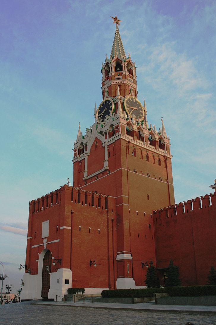 Menara, Kremlin, dinding, merah, batu bata, tinggi, Clock
