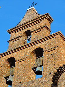 l'església, campanes, campanar, Patrimoni, poble, cel, blau