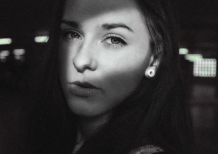 portrait, b w photography, noise, head, black and white, girl, one
