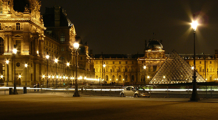Paris, Luvras, Francija, piramīda, muzejs, māksla, vakarā
