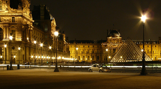 Paříž, Louvre, Francie, pyramida, Muzeum, umění, večer