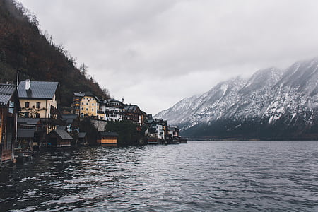 clouds, cloudy, dawn, daylight, fjord, fog, houses