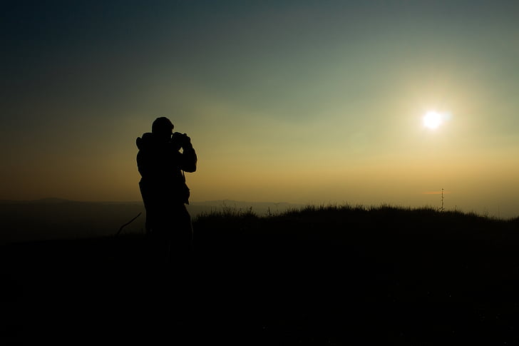 hiking, sunset, hillside, adventure, person, silhouette, sunset landscape