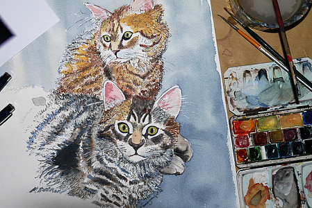 con mèo, Sơn, bức tranh, tác phẩm nghệ thuật, động vật, nghệ thuật, màu nước