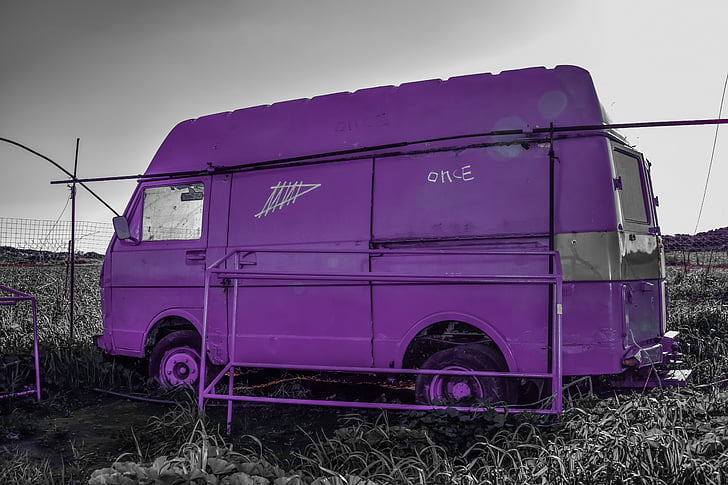 car, van, vehicle, abandoned, meadow, purple, color