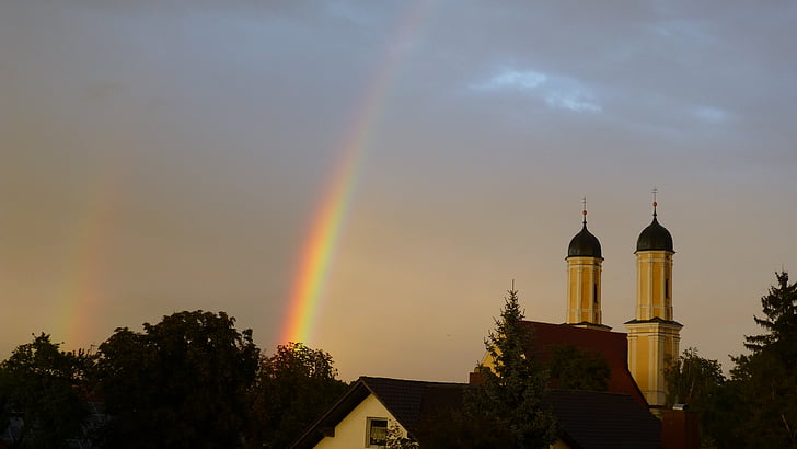 rainbow, rain, spectrum, church, trees, mood, clouds