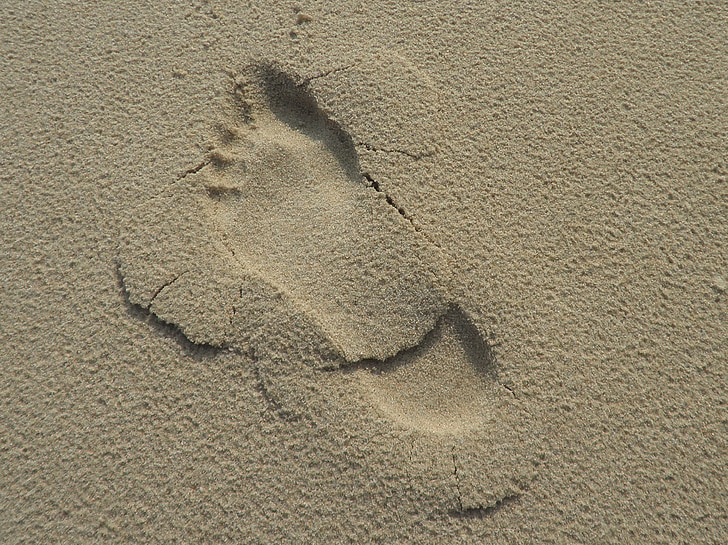 voetafdruk, zand, strand, menselijke, voet, sporen in het zand, blote voeten