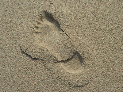 fotavtryck, Sand, stranden, mänskliga, foten, spår i sanden, barfota