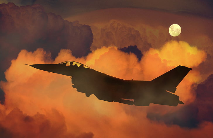 air plane, fighter, night sky, moon, clouds, aircraft, military