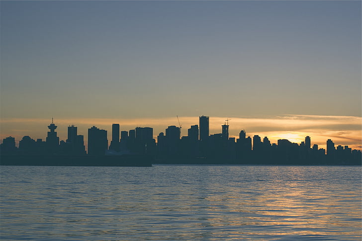silhouette, city, buildings, sunset, dusk, skyline, lake