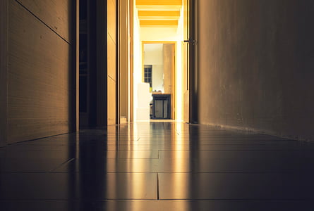 hallway, indoors, light, perspective, tiles, walls, door