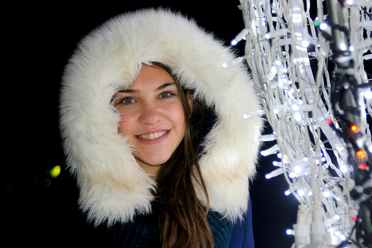 girl, fur, hood, lights, holidays, winter, smile