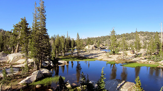 emigráns vadonban, hegyi tó, Sierra-hegység, tó, California, természet, fák