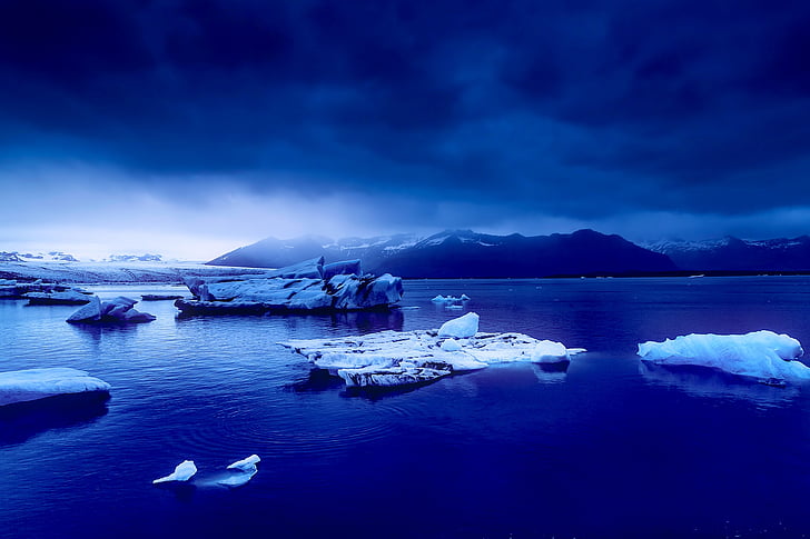 Ісландія, синій, Захід сонця, Сутінки, небо, хмари, гори