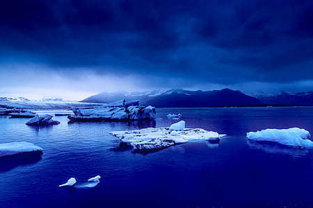 Islanda, blu, tramonto, crepuscolo, cielo, nuvole, montagne