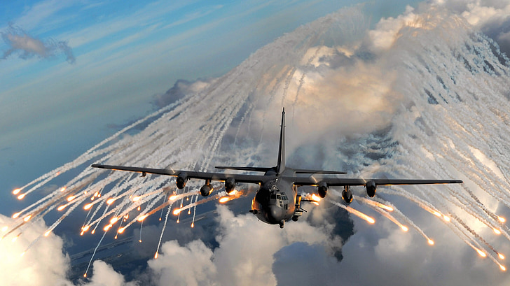 vojenská letadla, světlice, přetažení, letadlo, letu, turbovrtulový motor, c-130