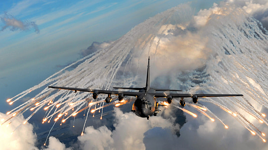 militærfly, nødblus, drop, fly, flyvning, turboprop, c-130