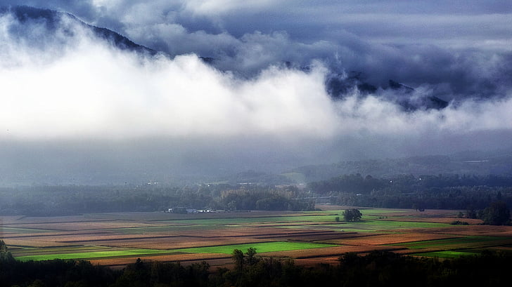 clouds, countryside, cropland, field, foggy, landscape, mountain