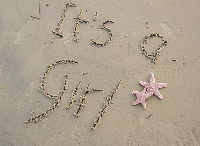 sand, starfish, pink, beach, words, writing, it's a girl
