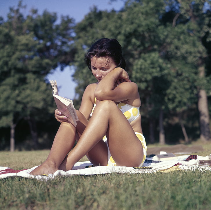 woman, yellow, white, bikini, reading, book, daytime