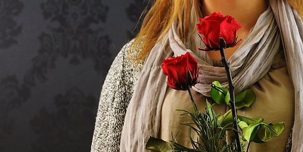 Gadis, mawar, merah, hadiah, Hari Valentine, Cinta, romantis